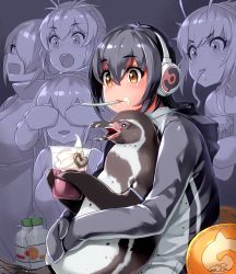Rule 34 | 10s, 5girls, bird, black hair, covering another&#039;s eyes, covering own eyes, emperor penguin (kemono friends), food, food on face, gentoo penguin (kemono friends), grape-kun, hair over one eye, happa (cloverppd), headphones, hood, humboldt penguin, humboldt penguin (kemono friends), jacket, kemono friends, long hair, mouth hold, multicolored hair, multiple girls, open mouth, penguin, penguins performance project (kemono friends), rockhopper penguin (kemono friends), royal penguin (kemono friends), short hair, sitting, sitting on lap, sitting on person, smile