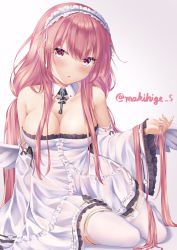 Rule 34 | 1girl, absurdres, artist name, azur lane, breasts, cleavage, collar, dress, frilled dress, frills, highres, long hair, long sleeves, looking at viewer, makihige, medium breasts, perseus (azur lane), pink eyes, pink hair, simple background, solo, strapless, strapless dress, thighhighs, very long hair, white background, white collar, white dress, white thighhighs, wide sleeves
