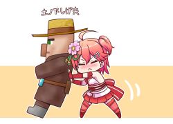 Rule 34 | 1girl, ahoge, armband, belt, belt buckle, big nose, blush, buckle, character name, cherry blossom print, cherry blossoms, chibi, closed eyes, closed mouth, detached sleeves, floral print, flower, goriate, green eyes, hair flower, hair ornament, hairclip, hat, hololive, medium hair, minecraft, nontraditional miko, one side up, pink hair, pink skirt, pink thighhighs, pushing, sakura miko, sakura miko (old design), skirt, thighhighs, villager (minecraft), virtual youtuber