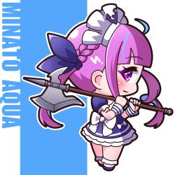 Rule 34 | 1girl, absurdres, blue background, blue dress, blue footwear, blue hair, blue nails, blush, bow, braid, character name, chibi, closed mouth, commentary request, dress, from side, full body, highres, holding, holding polearm, holding weapon, hololive, maid headdress, minato aqua, minato aqua (1st costume), multicolored hair, nail polish, outline, pink hair, polearm, puffy short sleeves, puffy sleeves, purple eyes, saishosaisekojo, shoes, short sleeves, smile, solo, standing, twintails, two-tone background, two-tone hair, virtual youtuber, weapon, weapon request, white background, white bow, white outline, wrist cuffs