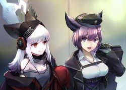 Rule 34 | 2girls, :d, animal ears, arknights, bare shoulders, beret, black headwear, black jacket, collar, commentary request, dur-nar (arknights), e-bushi, fox ears, frostleaf (arknights), grey shirt, hat, highres, jacket, long hair, long sleeves, looking at another, multiple girls, off-shoulder shirt, off shoulder, open clothes, open jacket, open mouth, purple eyes, purple hair, red eyes, red jacket, shirt, silver hair, smile, upper body, white shirt