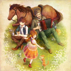 Rule 34 | 1girl, 2boys, accordion, bad id, bad pixiv id, beard, brown eyes, brown hair, cat, dress, facial hair, flower, food, horse, inomarii, instrument, long hair, multiple boys, open mouth, original, outstretched arms, sandwich, sitting, smile, spread arms, twintails