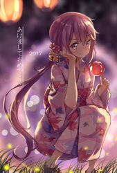 Rule 34 | &gt;:t, 10s, 1girl, :t, akebono (kancolle), alternate costume, bell, candy apple, dango (dangowalolicon), floral print, flower, food, frown, hair bell, hair flower, hair ornament, hand on own cheek, hand on own face, highres, japanese clothes, jingle bell, kantai collection, kimono, light particles, looking at viewer, nengajou, new year, outdoors, pink kimono, pout, purple eyes, purple hair, solo, squatting, translated, v-shaped eyebrows