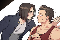 Rule 34 | 2boys, bara, beard stubble, black eyes, black hair, black jacket, blush, brown hair, cigarette, eye contact, facial hair, from side, gakuran, hair slicked back, highres, holding, holding cigarette, jacket, kabedon, looking at another, male focus, medium hair, mitsui hisashi, multiple boys, muscular, muscular male, open clothes, open jacket, parted lips, pectoral cleavage, pectorals, profile, red tank top, school uniform, simple background, slam dunk (series), stubble, sweatdrop, tank top, tetsuo (slam dunk), upper body, wasted m9, white background, yaoi