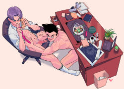 Rule 34 | 2boys, abs, bara, black hair, blush, bottomless, desk, dragon ball, dragonball z, drooling, erection, fellatio, grin, handcuffs, licking, licking lips, looking at viewer, male focus, multiple boys, muscular, naughty face, necktie, oral, penis, phone, pinkuknife, purple hair, saliva, sex toy, sitting, smile, socks, son goten, tissue, tongue, trunks (dragon ball), undressing, yaoi
