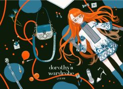 Rule 34 | 1girl, bag, black background, blue socks, brown eyes, english text, feet out of frame, food, fruit, glasses, gloves, grey gloves, limited palette, long hair, original, ponytail, print shirt, red hair, round eyewear, shirt, shoes, socks, solo, toinana
