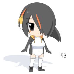 Rule 34 | 1girl, black eyes, black footwear, black hair, black jacket, blush stickers, boots, breasts, chibi, closed mouth, commentary request, covered navel, emperor penguin (kemono friends), expressionless, full body, hair between eyes, hair over one eye, headphones, jacket, kemono friends, large breasts, lets0020, long bangs, looking at viewer, multicolored hair, numbered, one-piece swimsuit, orange hair, short hair, simple background, solo, standing, streaked hair, swimsuit, thighhighs, white background, white one-piece swimsuit, white thighhighs