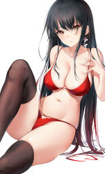 Rule 34 | 1girl, absurdres, bare arms, bare shoulders, bikini, black hair, breasts, brown eyes, brown thighhighs, cleavage, closed mouth, collarbone, earrings, emyo, expressionless, gradient hair, groin, highres, jewelry, knee up, large breasts, long hair, looking at viewer, multicolored hair, navel, original, red bikini, sidelocks, simple background, sitting, skindentation, solo, stomach, string bikini, swimsuit, thighhighs, thighs, very long hair, white background