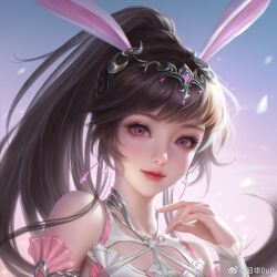Rule 34 | 1girl, animal ears, bare shoulders, brown hair, closed mouth, collar, douluo dalu, falling petals, gleam, glitter, gradient sky, hair ornament, hand up, ji hui zhaoxi, long hair, metal collar, petals, pink eyes, ponytail, rabbit ears, second-party source, sky, smile, solo, upper body, xiao wu (douluo dalu)