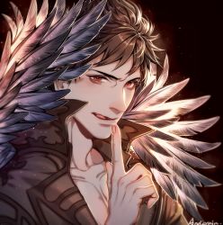 Rule 34 | 1boy, anderain, belial (granblue fantasy), black hair, black shirt, feather boa, finger to mouth, granblue fantasy, highres, licking lips, looking at viewer, male focus, pectoral cleavage, pectorals, red eyes, shirt, solo, tongue, tongue out