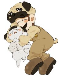 Rule 34 | 1boy, adapted costume, animal hood, baby luigi, blue overalls, brown overalls, brown shirt, dog, dog hood, facial hair, hat, highres, hood, hug, long sleeves, looking at another, luigi, luigi&#039;s mansion, luigi&#039;s mansion: dark moon, mario (series), mimimi (mimimim9999), mustache, nintendo, overalls, pants, polterpup, shirt, shoes, short hair, simple background, tail