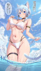 1girl animal_ears bikini blue_eyes blue_hair blue_nails blush breast_lift breasts cat_ears cat_girl cat_tail covered_erect_nipples day from_below grin groin hair_between_eyes heart highleg highleg_bikini highres hip_focus holding_own_tail kawase_seiki large_variant_set legs_together looking_at_viewer looking_down medium_breasts medium_hair nail_polish navel outdoors parted_lips sinon sinon_(sao-alo) skin_tight smile solo splashing standing stomach swimsuit sword_art_online tail thigh_gap thigh_strap thighs translation_request variant_set wading wet white_bikini