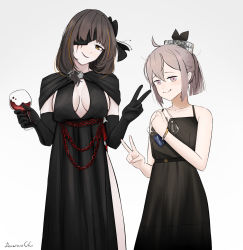 Rule 34 | 2girls, artist name, black dress, black gloves, blonde hair, breasts, brown hair, closed mouth, collarbone, crossed bangs, cup, darkpulsegg, dress, drinking glass, elbow gloves, eyepatch, feet out of frame, girls&#039; frontline, gloves, hair ornament, hair ribbon, highres, holding, holding cup, long hair, looking at viewer, m16a1 (blazer of the trail) (girls&#039; frontline), m16a1 (girls&#039; frontline), m200 (girls&#039; frontline), m200 (war correspondent) (girls&#039; frontline), medium breasts, multicolored hair, multiple girls, official alternate costume, orange eyes, purple eyes, ribbon, scar, scar across eye, scar on face, short hair, small breasts, smile, standing, v, white background, wine glass, zip file (object)