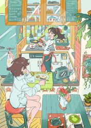 Rule 34 | 2girls, apron, bare legs, barefoot, black pants, bread, brown hair, chopsticks, collared shirt, flower, food, from behind, highres, holding, holding spoon, indoors, knife, leaf, long sleeves, multiple girls, open mouth, original, pants, pink flower, plant, plate, ponytail, potted plant, red apron, red flower, scissors, shirt, shorts, signature, smile, spatula, spoon, stool, striped clothes, striped shirt, table, toaster, umishima senbon, white shirt, white shorts