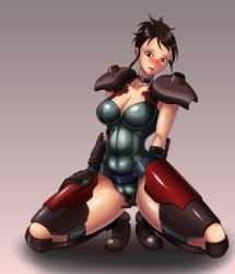 Rule 34 | 1girl, armor, black hair, blush, breasts, brown eyes, cameltoe, choker, cleavage, contra, contra: shattered soldier, deadmoon (kein2002), female masturbation, konami, large breasts, leotard, lucia (contra), masturbation, masturbation through clothes, ponytail, solo