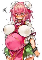 Rule 34 | &gt;:(, 1girl, bandaged arm, bandages, belly rub, big belly, blush, breasts, bun cover, cuffs, double bun, frown, huge breasts, ibaraki kasen, looking at viewer, pink eyes, pink hair, pleated skirt, pregnant, sachito, shackles, short hair, skirt, solo, squiggle, sweat, tabard, thick eyebrows, touhou, undersized clothes, v-shaped eyebrows, wide hips
