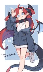 Rule 34 | 1girl, absurdres, ahoge, blue eyes, blue jacket, breasts, character name, closed mouth, dragon girl, dragon horns, dragon tail, dragon wings, drake (zizi niisan), earrings, hair ornament, highres, horns, jacket, jewelry, long hair, long sleeves, looking at viewer, necklace, original, pointy ears, red hair, shoes, sleeveless, sleeveless sweater, small breasts, smile, sneakers, solo, sweater, tail, tongue, tongue out, white footwear, white sweater, wings, x hair ornament, zizi niisan