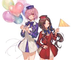 Rule 34 | 2girls, ;), bad id, bad pixiv id, balloon, bow, bowtie, breasts, brown hair, child, chocoan, cleavage, dress, fate/grand order, fate (series), flag, hair bow, hair over one eye, hand on own hip, hat, leonardo da vinci (fate), leonardo da vinci (fate/grand order), leonardo da vinci (fgo fes. 2019) (fate), leonardo da vinci (rider) (fate), mash kyrielight, mash kyrielight (fgo fes. 2019), multiple girls, official alternate costume, one eye closed, parted bangs, ponytail, purple eyes, purple hair, short hair, simple background, smile, white background