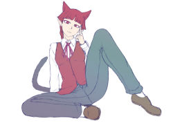 Rule 34 | 10s, 1other, androgynous, animal ears, arm support, blunt bangs, braid, brown footwear, cat ears, cat tail, dress shirt, facing viewer, full body, head tilt, index finger raised, loafers, long hair, looking at viewer, mairimashita! iruma-kun, matching hair/eyes, neck ribbon, ocza, opera (iruma-kun), pants, pointy ears, red eyes, red hair, ribbon, shirt, shoes, simple background, sitting, solo, spread legs, tail, tsurime, v-shaped eyebrows, vest, white background, white shirt