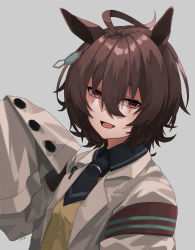 Rule 34 | 1girl, absurdres, agnes tachyon (umamusume), ahoge, animal ears, armband, black necktie, breasts, brown hair, buttons, coat, commentary, earrings, grey background, hair between eyes, highres, horse ears, horse girl, jewelry, kogeta kaori, lab coat, looking at viewer, necktie, open mouth, red eyes, short hair, signature, simple background, sleeves past fingers, sleeves past wrists, small breasts, smile, solo, umamusume, upper body, vest, white coat, yellow vest