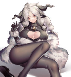 Rule 34 | 1girl, absurdres, ahoge, animal ears, arknights, bell, black footwear, black gloves, black pantyhose, black sweater, breasts, bright pupils, cleavage, cleavage cutout, clothing cutout, feet out of frame, fur-trimmed sleeves, fur collar, fur shawl, fur trim, gloves, heart cutout, highres, horns, jiusan naitang, large breasts, legs, lipstick mark, long hair, long sleeves, looking at viewer, lying, neck bell, on back, pantyhose, parted bangs, parted lips, red eyes, shawl, shoes, unworn shoes, sidelocks, silver hair, simple background, sweater, valais (arknights), white background