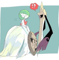 Rule 34 | !?, aegislash, apios, bad id, bad pixiv id, closed eyes, creatures (company), facing another, floating, from side, full body, game freak, gardevoir, gen 3 pokemon, gen 6 pokemon, green hair, holding, holding shield, imminent kiss, looking at another, mega gardevoir, mega pokemon, nintendo, one-eyed, pokemon, pokemon (creature), pokemon xy, purple eyes, shield, sketch, slit pupils, standing, surprised, sword, weapon