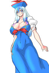 Rule 34 | 1girl, ascot, blue eyes, blue hair, breasts, cleavage, collarbone, danna (karatekikku), dress, hand on own hip, hat, hip focus, huge breasts, impossible clothes, impossible dress, kamishirasawa keine, long hair, looking at viewer, matching hair/eyes, multicolored hair, navel, puffy short sleeves, puffy sleeves, short sleeves, sidelocks, simple background, smile, solo, thighs, touhou, two-tone hair, white background, white hair