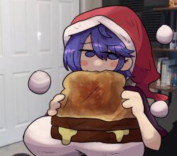 Rule 34 | 1girl, :3, black capelet, blue eyes, blue hair, blush, bread, bread slice, breasts, capelet, cheese, doremy sweet, dream soul, dress, eating, food, grilled cheese, hat, jerma985, large breasts, legacy of lunatic kingdom, looking at viewer, nightcap, notnoe (dxcl), pom pom (clothes), red headwear, santa hat, shirt, short hair, short sleeves, smile, tail, tapir tail, toast, touhou, white shirt