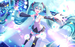 Rule 34 | 1girl, absurdres, aqua eyes, aqua hair, aqua nails, aqua necktie, bad id, bad pixiv id, bare shoulders, black skirt, black sleeves, black thighhighs, blouse, commentary, concert, detached sleeves, eighth note, foreshortening, from above, glowstick, grey shirt, hair ornament, hatsune miku, headphones, headset, highres, huge filesize, itogari, leaning forward, long hair, looking to the side, miniskirt, musical note, nail polish, necktie, open mouth, outstretched arms, piano print, pleated skirt, shirt, shoulder tattoo, skirt, sleeveless, sleeveless shirt, smile, solo, spotlight, stage, standing, tattoo, thighhighs, triangle, twintails, very long hair, vocaloid, zettai ryouiki