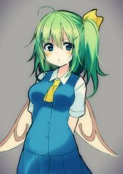 Rule 34 | 1girl, :t, :v, arms behind back, ascot, blue eyes, blush, bow, breasts, daiyousei, fairy wings, fujishiro emyu, green hair, grey background, hair bow, highres, medium breasts, pout, side ponytail, simple background, skirt, skirt set, solo, touhou, vest, wings