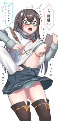 Rule 34 | 1boy, 1girl, ^^^, alternate breast size, black hair, blush, bra, grabbing another&#039;s breast, breasts, burusuta, clipboard, commentary request, glasses, grabbing, grabbing from behind, green eyes, groping, hairband, hetero, highres, hip vent, kantai collection, large breasts, legs, long hair, long sleeves, looking at viewer, ooyodo (kancolle), open mouth, panties, quill, school uniform, semi-rimless eyewear, serafuku, simple background, speech bubble, thighhighs, translation request, under-rim eyewear, underwear, white background