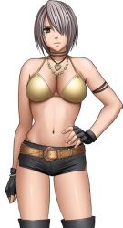 Rule 34 | 1girl, belt, bikini, black gloves, bracelet, breasts, brown eyes, choker, cleavage, collar, cowboy shot, crimson comics, fingerless gloves, game cg, gloves, hair over one eye, hand on own hip, heart, heart necklace, izumi arisa, jewelry, large breasts, looking at viewer, navel, necklace, pearl necklace, shiny skin, short hair, short shorts, shorts, silver hair, solo, standing, swimsuit, thigh gap, thighs, transparent background