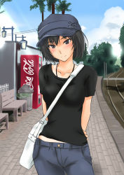 Rule 34 | 1girl, amagami, arms behind back, bag, bench, between breasts, black hair, blush, bob cut, breasts, brown eyes, casual, cloud, cobblestone, coca-cola, day, denim, fashion, hat, head tilt, jeans, jewelry, light smile, looking at viewer, midriff, murasaki iro, nanasaki ai, necklace, palm tree, pants, product placement, railroad tracks, railway, shirt, short hair, sky, smile, solo, strap between breasts, t-shirt, train station, trash can, tree, vending machine