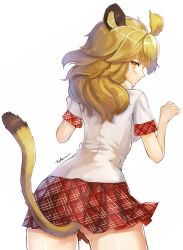 Rule 34 | 10s, 1girl, animal ears, antlers, bad id, bad pixiv id, bibico, blonde hair, blush, breasts, cowboy shot, gluteal fold, horns, kemono friends, lion (kemono friends), lion ears, lion tail, long hair, looking at viewer, looking back, paw pose, pleated skirt, shirt, short sleeves, simple background, skirt, solo, tail, white background