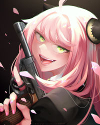Rule 34 | 1girl, ahoge, anya (spy x family), artist name, backlighting, black background, chromatic aberration, eyelashes, fingernails, glint, green eyes, gun, highres, holding, holding gun, holding weapon, inkspirate, light particles, long eyelashes, long hair, looking at viewer, nail polish, aged up, open mouth, petals, pink lips, pink nails, puffy sleeves, purple pupils, simple background, smile, solo, spy x family, teeth, tongue, upper body, weapon