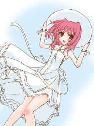 Rule 34 | 00s, 1girl, armpits, arms up, bare legs, bare shoulders, blue background, bracelet, caro ru lushe, dress, frapowa, hat, jewelry, looking at viewer, lyrical nanoha, mahou shoujo lyrical nanoha, mahou shoujo lyrical nanoha strikers, pink hair, simple background, sleeveless, sleeveless dress, solo, spaghetti strap, sun hat, sundress, white dress