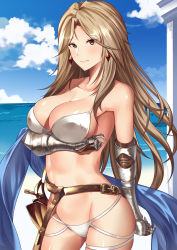 Rule 34 | 1girl, bare shoulders, beach, belt, bikini, blue sky, blush, breast hold, breasts, brown eyes, brown gloves, brown hair, cleavage, closed mouth, collarbone, day, earrings, elbow gloves, gauntlets, gloves, granblue fantasy, highres, hip focus, inuikentarou (mfwt5357), jewelry, katalina (granblue fantasy), large breasts, long hair, looking at viewer, navel, ocean, outdoors, parted bangs, sky, solo, swimsuit, sword, thighs, weapon, white bikini