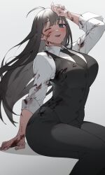 Rule 34 | 1girl, ahoge, black hair, black necktie, black pants, blood, blood on clothes, blood on face, blood on hands, blush, breasts, collared shirt, dress shirt, grey eyes, hand on own head, hand up, highres, large breasts, long hair, lvemhrd, mole, mole under mouth, necktie, no pupils, one eye closed, original, pants, sharp teeth, shirt, sitting, smile, solo, teeth, very long hair, waistcoat, white shirt