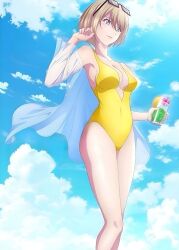 Rule 34 | 1girl, breasts, glasses, highres, hououji akane, medium breasts, megami no kafeterasu, official art, one-piece swimsuit, short hair, swimsuit, yellow one-piece swimsuit