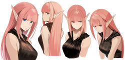 Rule 34 | 1girl, black sweater, blue eyes, blunt bangs, closed mouth, collarbone, cropped arms, cropped torso, frown, highres, hood, hood down, hooded sweater, leaning forward, long hair, looking at viewer, looking back, original, pink hair, pointy ears, ribbed sweater, simple background, sleeveless, sleeveless sweater, smile, straight hair, sushi (sashimise), sweater, upper body, very long hair, white background