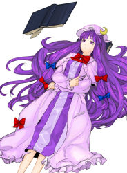 Rule 34 | 1girl, book, crescent, expressionless, female focus, floating, hat, long hair, lying, on back, open book, patchouli knowledge, purple eyes, purple hair, reading, solo, tetsu (kimuchi), touhou, very long hair
