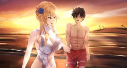Rule 34 | 1boy, 1girl, abs, absurdres, artoria pendragon (all), artoria pendragon (fate), artoria pendragon (lancer) (fate), artoria pendragon (swimsuit ruler) (fate), artoria pendragon (swimsuit ruler) (second ascension) (fate), bare shoulders, blonde hair, braid, breasts, brown hair, cleavage, collarbone, commentary, commission, fate/grand order, fate (series), feet out of frame, flower, green eyes, hair between eyes, hair flower, hair ornament, hand grab, highres, jewelry, large breasts, long hair, looking at another, misa pika, necklace, one-piece swimsuit, open mouth, palm tree, parted lips, pixiv commission, red shorts, sand, short hair, shorts, standing, swimsuit, tree, white one-piece swimsuit