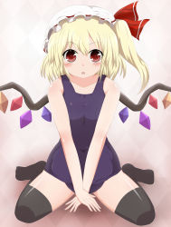 Rule 34 | 1girl, absurdres, bad id, bad pixiv id, black thighhighs, blonde hair, female focus, flandre scarlet, hat, hat ribbon, highres, masa masa, one-piece swimsuit, red eyes, ribbon, school swimsuit, side ponytail, sitting, solo, swimsuit, thighhighs, touhou, wariza, wings