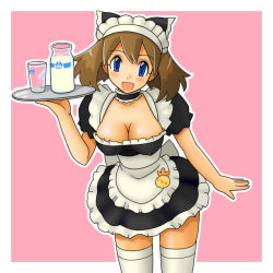 Rule 34 | 1girl, alternate breast size, alternate costume, alternate headwear, blue eyes, blush, breasts, brown hair, cleavage, covered erect nipples, creatures (company), game freak, hat, large breasts, may (pokemon), milk, nintendo, open mouth, pokemon, short hair, solo, thighhighs, tsumitani daisuke, waitress, white thighhighs
