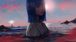 Rule 34 | 1girl, album cover, blue eyes, blue hair, blue sky, blunt bangs, boat, choker, closed mouth, cloud, commentary, cover, day, english commentary, highres, jewelry, lighthouse, looking at viewer, necklace, ocean, original, outdoors, partially submerged, petals, petals on liquid, rock, sky, solo, sun, wataboku, watercraft