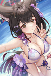 Rule 34 | 1girl, absurdres, animal ear fluff, animal ears, armpits, bead bracelet, beads, bent over, bikini, black hair, blue archive, blurry, bracelet, breasts, brown eyes, brown hair, chisi, cleavage, closed mouth, collarbone, commentary request, depth of field, eyeshadow, fox ears, fox girl, fox tail, hair between eyes, hair ornament, hair tie, halo, halterneck, highres, jewelry, large breasts, long hair, looking at viewer, makeup, nail polish, navel, ocean, official alternate costume, outdoors, pink nails, purple bikini, red eyeshadow, red halo, selfie, sideboob, sidelocks, smile, solo, spaghetti strap, stomach, string bikini, swimsuit, tail, thigh strap, thighlet, v, very long hair, wakamo (blue archive), wakamo (swimsuit) (blue archive), wet, wet clothes, wet swimsuit