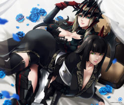 Rule 34 | 2girls, all fours, amano cigusa, aranea highwind, armor, bed, black hair, blanket, blue flower, blue rose, breasts, bridal gauntlets, cleavage, curtains, final fantasy, final fantasy xv, flower, gentiana, green eyes, helmet, large breasts, long hair, looking at viewer, multiple girls, parted lips, petals, pillow, rose, shawl, silver hair, smile, spread legs, yellow eyes