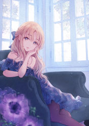 Rule 34 | 1girl, anemone (flower), blonde hair, blue bow, blue dress, bow, brown pantyhose, closed mouth, commentary request, couch, dress, flower, hair bow, hand on own face, looking at viewer, nagidango, off-shoulder dress, off shoulder, original, pantyhose, solo, window, yellow eyes