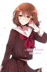 Rule 34 | 1girl, absurdres, artist name, blush, brown eyes, brown hair, brown shirt, brown skirt, commentary request, dated, flower, grin, hair flower, hair ornament, hairclip, hand up, happy birthday, hibike! euphonium, highres, kitauji high school uniform, light particles, long sleeves, looking at viewer, neckerchief, oumae kumiko, parted lips, pleated skirt, red neckerchief, sae (renkyuuake), sailor collar, school uniform, serafuku, shirt, short hair, skirt, smile, solo, standing, uniform, white background, white sailor collar, yellow eyes