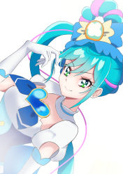 Rule 34 | 1girl, blue dress, blue neckerchief, breasts, brooch, copyright name, cure spicy, delicious party precure, dress, elbow gloves, fuwa kokone, gloves, green eyes, hair between eyes, hair bun, heart, heart bow, heart brooch, highres, jewelry, long hair, looking at viewer, magical girl, medium breasts, mosuchaka, neckerchief, precure, puffy short sleeves, puffy sleeves, short sleeves, simple background, single hair bun, smile, solo, two-tone background, upper body, white background, white dress, white gloves